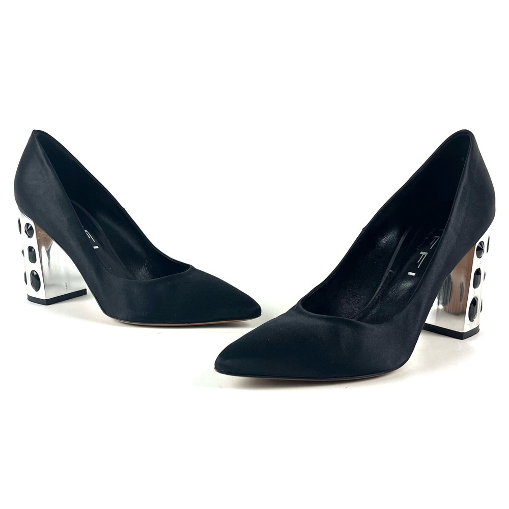 Tiffi Black Satin Jeweled Chrome Block Heel Pumps